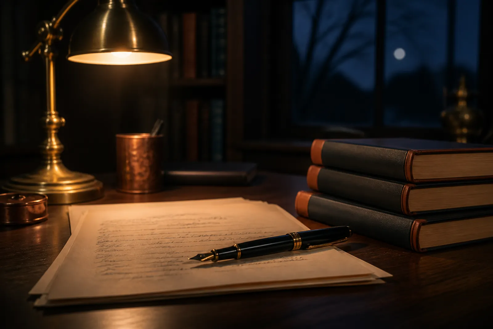 A writer's desk at night: a fountain pen resting on a manuscript beside a stack of hardcover books, lit by a brass lamp.